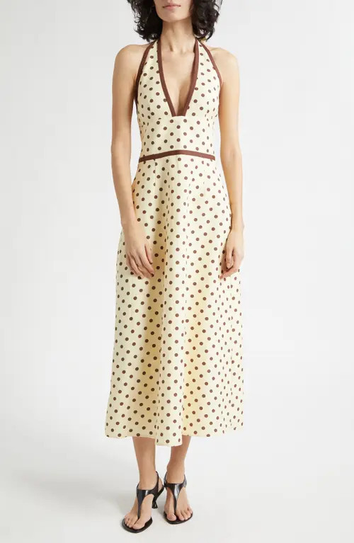 POSSE Bowie Polka Dot Plunge Halter Neck Midi Dress in Vanilla/Chocolate at Nordstrom, Size Large | Nordstrom