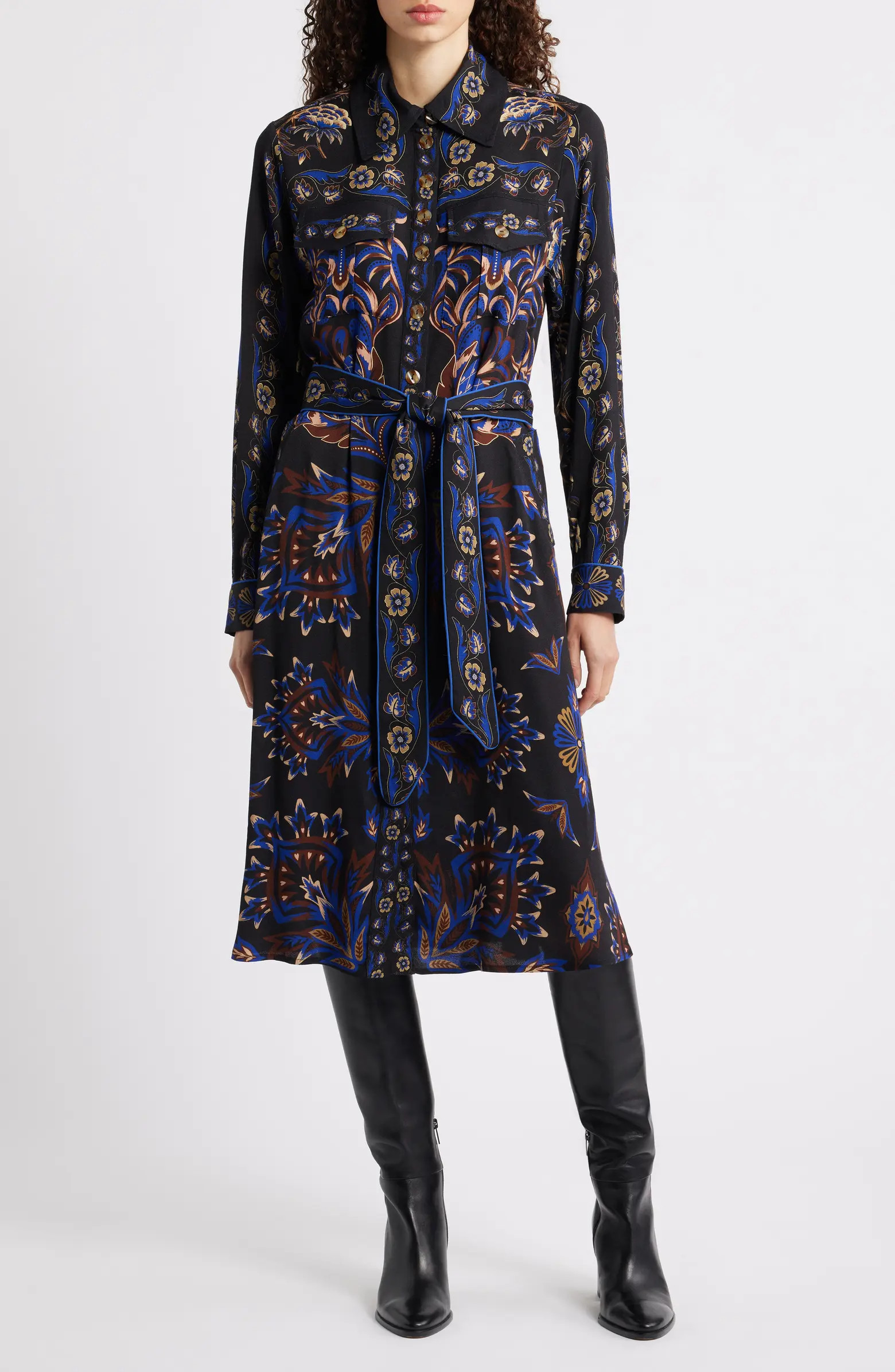 Arabesque Mix Scarves Long Sleeve Tie Belt Shirtdress | Nordstrom