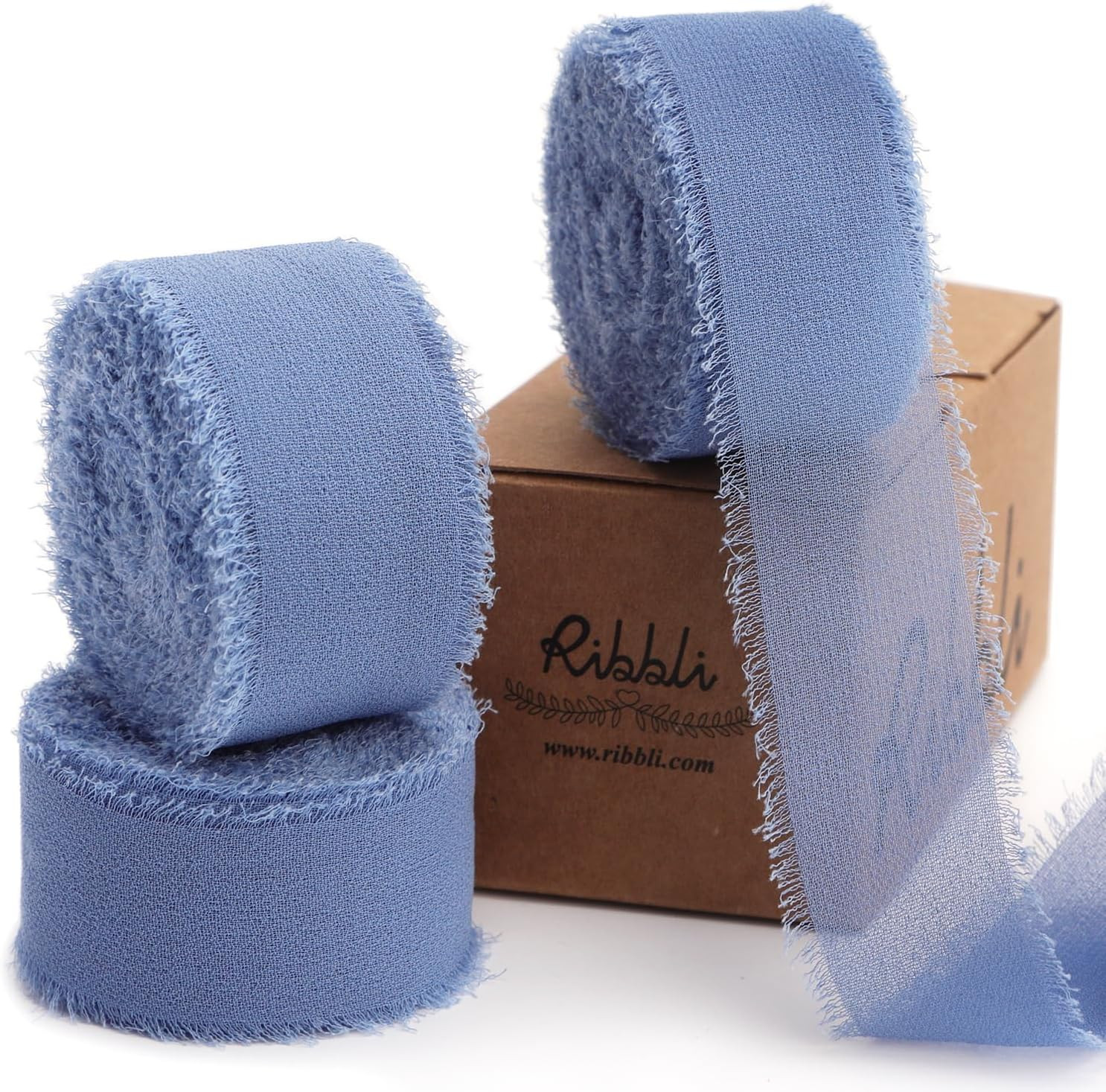 Ribbli Dusty Blue Ribbon 1 Inch x 3 Rolls Total 24 Yards Blue Handmade Fringe Chiffon Silk Ribbon for Wrapping Wedding Invitations Bridal Bouquets DIY Crafts Home Decor | Amazon (US)