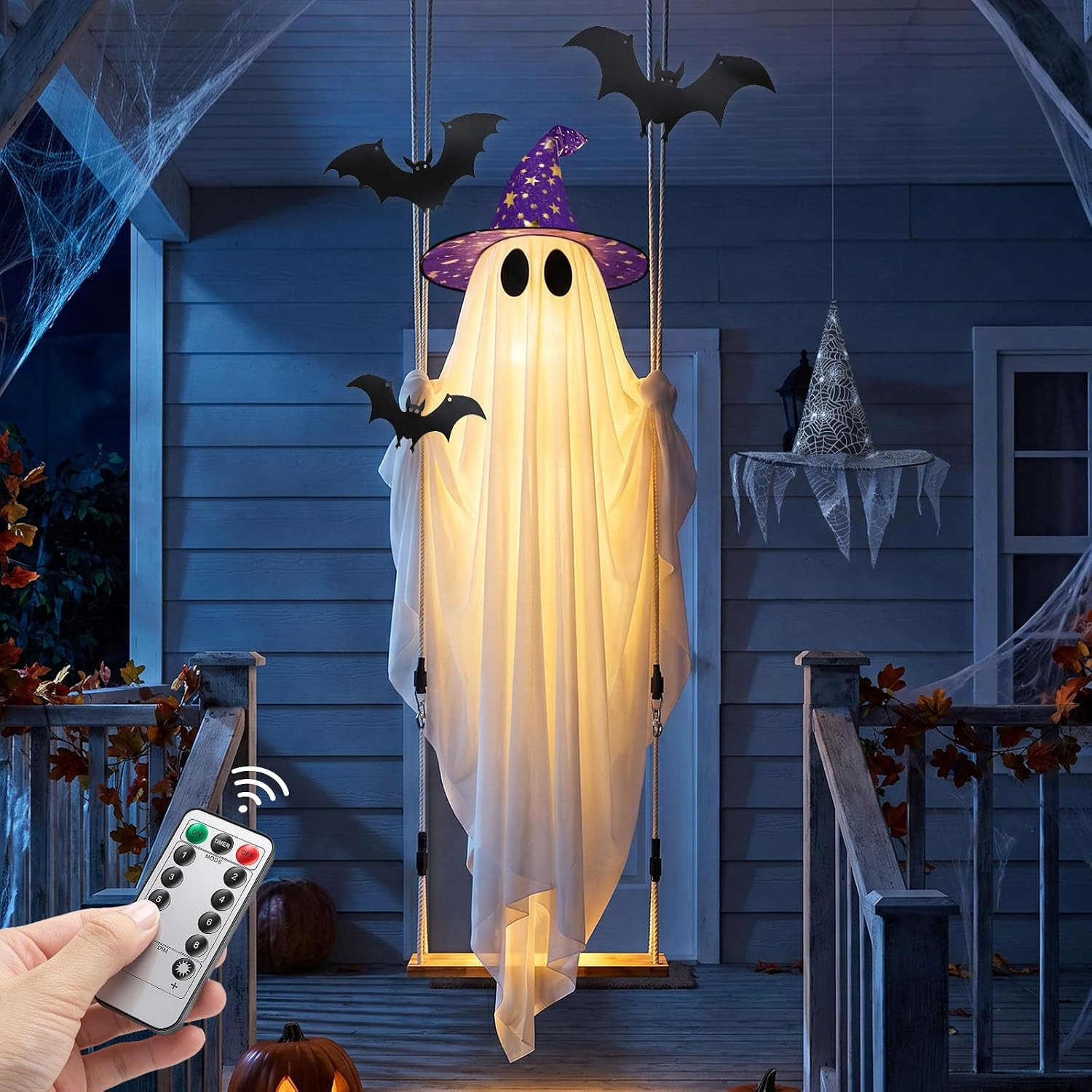 Halloween Ghost Decor with Bat & Hat - 11 FT Large Hanging Swinging Ghost | Amazon (US)