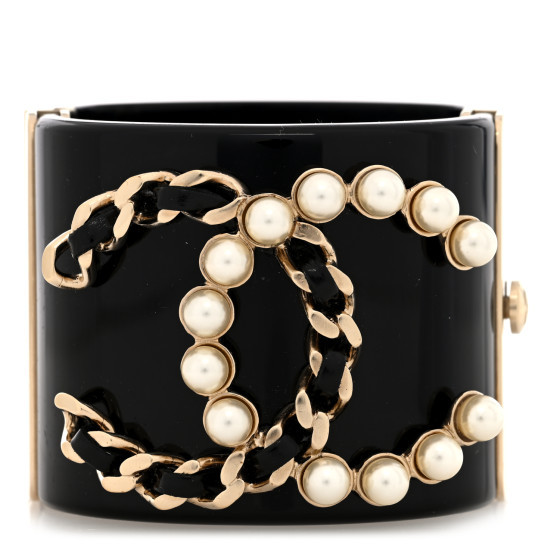 Resin Pearl Lambskin CC Cuff Bracelet Black Black Gold | FASHIONPHILE (US)