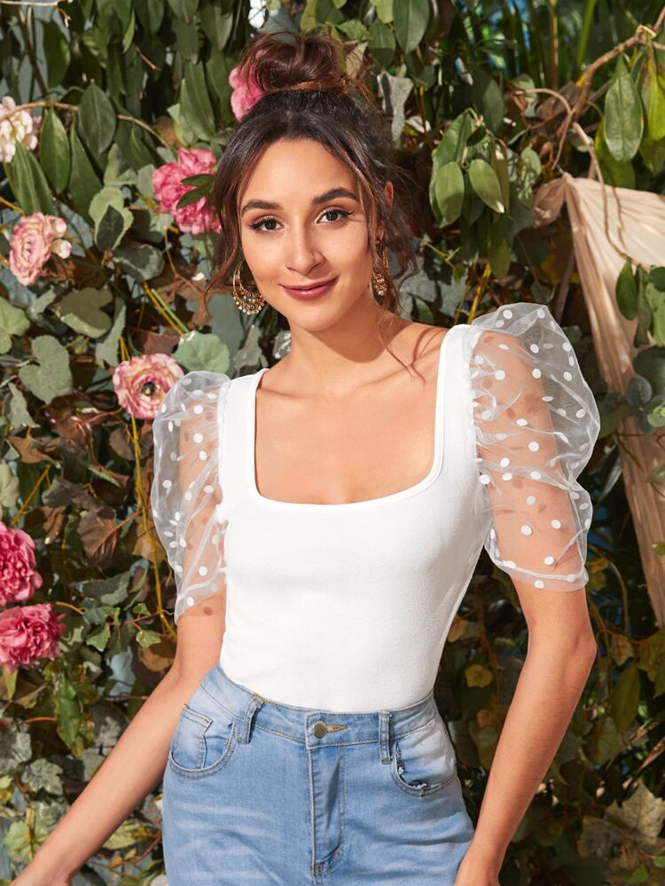 SHEIN Square Neck Sheer Dobby Mesh Puff Sleeve Top | SHEIN