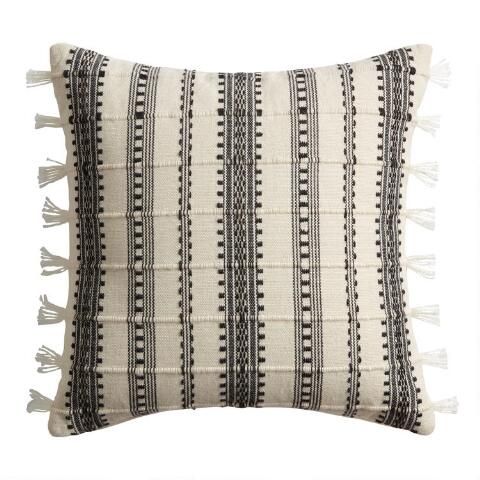 Black and White Striped Tasseled Indoor Outdoor Throw Pillow | World Market