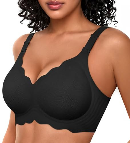 OEAK Women Bras No Underwire Scalloped Push Up Buttery Soft Tshirt Bra Seamless Full Coverage Convertible Everyday Bra Black,3XL | Amazon (US)