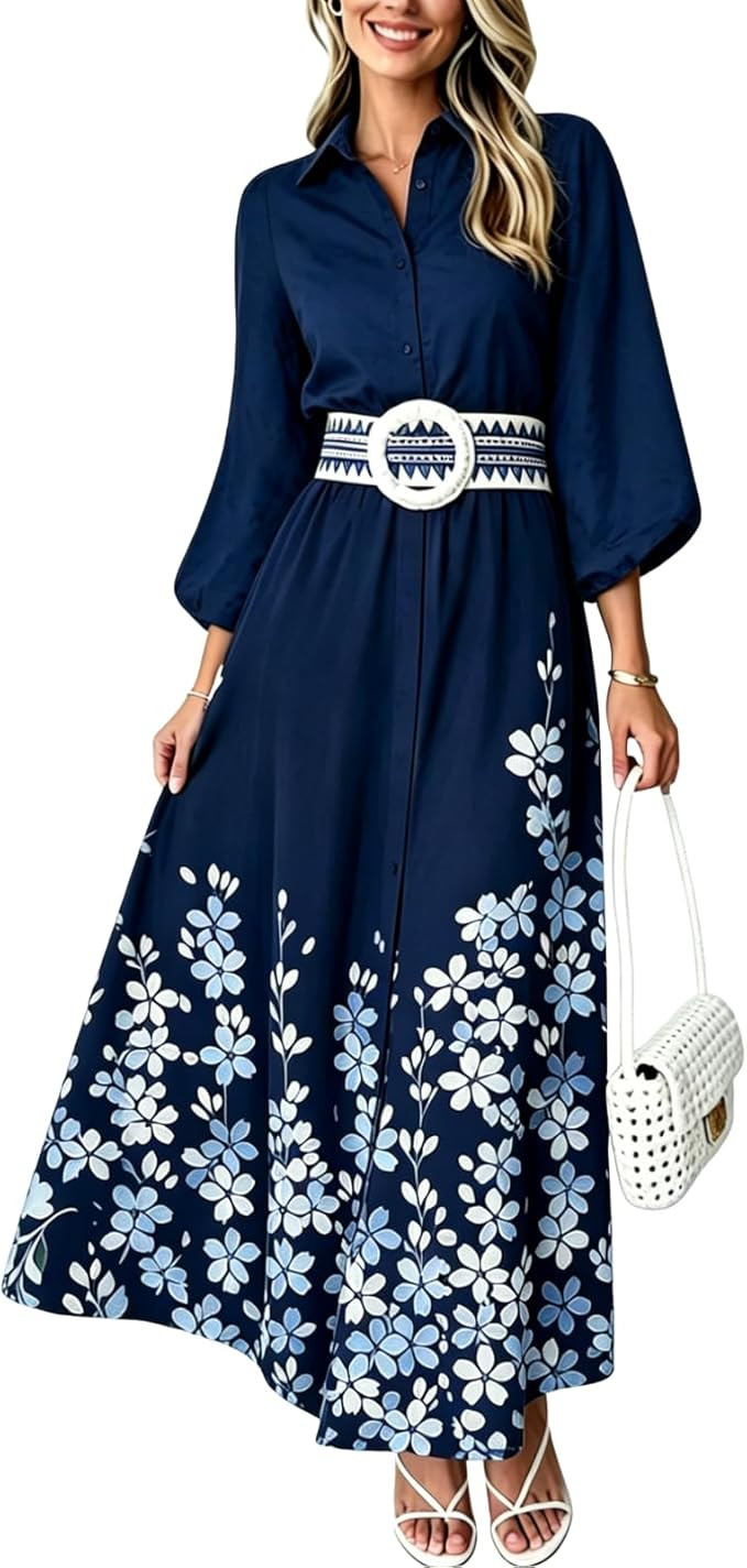 Floral Dress for Women 2026 Summer Boho Maxi Dresses Casual Long Sleeve Button Down Tie Waist Shi... | Amazon (US)