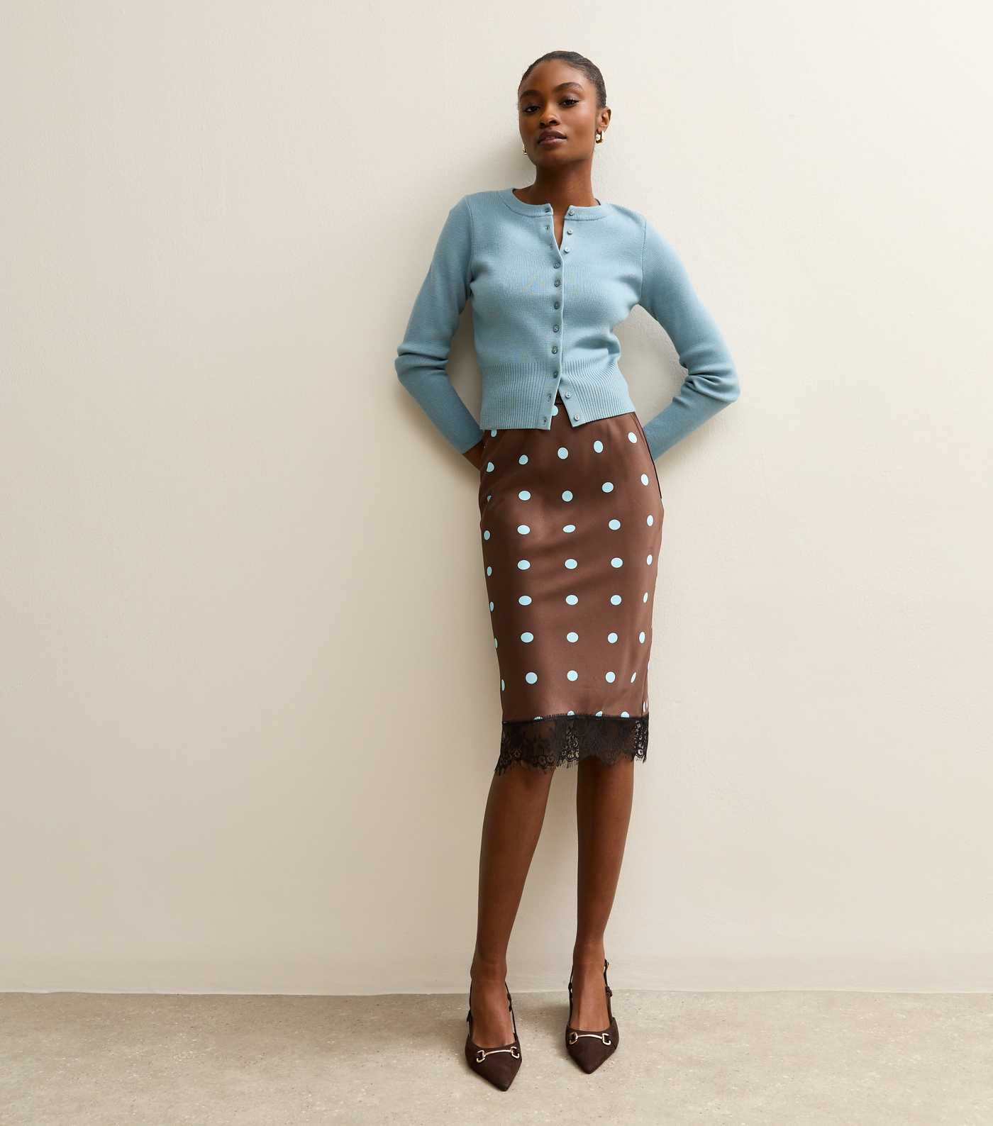 Brown Satin Polka Dot Lace Hem Midi Skirt | New Look | New Look (UK)