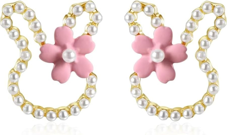 Easter Earrings Cute Bunny Rabbit Pearl Flower Stud Earrings for Women Easter Basket Stuffers Spr... | Amazon (US)