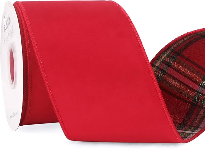 Ribbli Red Velvet Wired Ribbon with Metallic Plaid Reversible 4 Inch Christmas Ribbon for Gift Wr... | Amazon (US)