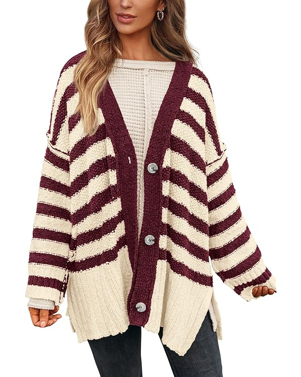 PRETTYGARDEN Women's Winter Striped Cardigan Sweaters Long Sleeve Button Down Open Front Chunky K... | Amazon (US)