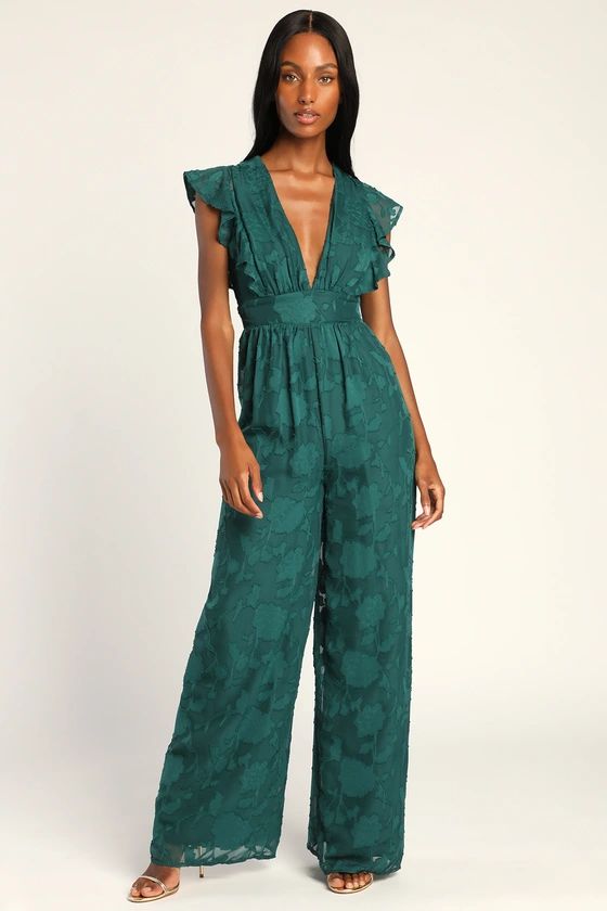 Refined Romance Emerald Green Burnout Floral Wide-Leg Jumpsuit | Lulus (US)