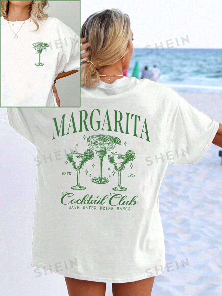 SHEIN EZwear Plus Size Loose T-Shirt MARGARITA Oversized Long T-Shirt | SHEIN