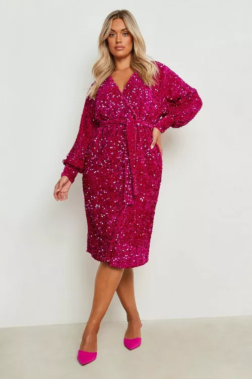 Plus Velvet Sequin Wrap Midi Dress | Boohoo.com (UK & IE)