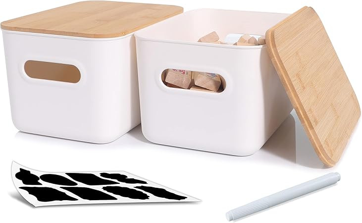 Bienvoun 2 Pack Storage Box with Bamboo Lid Plastic Storage Boxes Stackable Storage Baskets for S... | Amazon (UK)