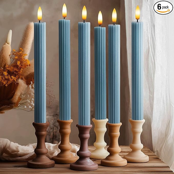 6 Pack, 10" LED Flameless Blue Fluted Ribbed Grooved Taper Candles, Remote & 24h Timer Memory, On... | Amazon (US)