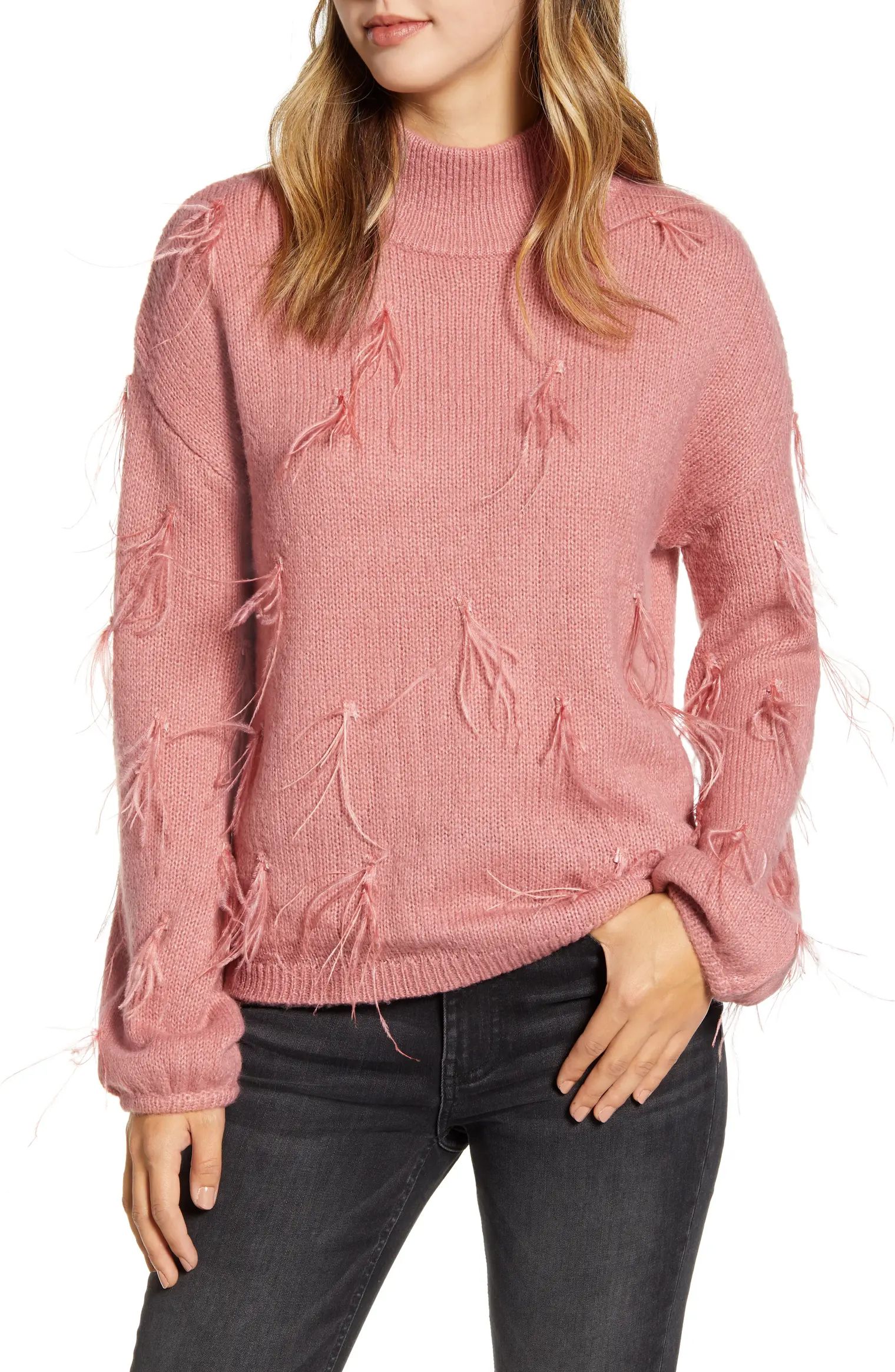 Feather Trimmed Mock Neck Sweater | Nordstrom