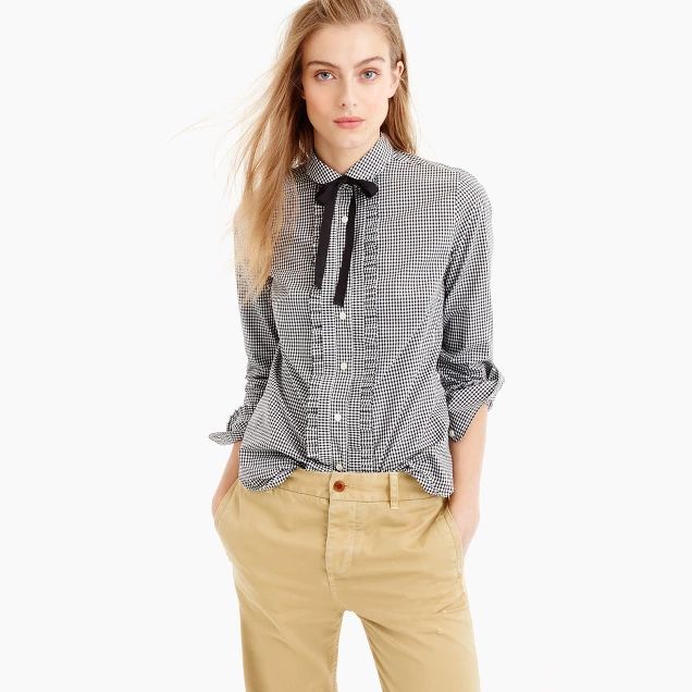 Gingham ruffle button-up with grosgrain tie | J.Crew US