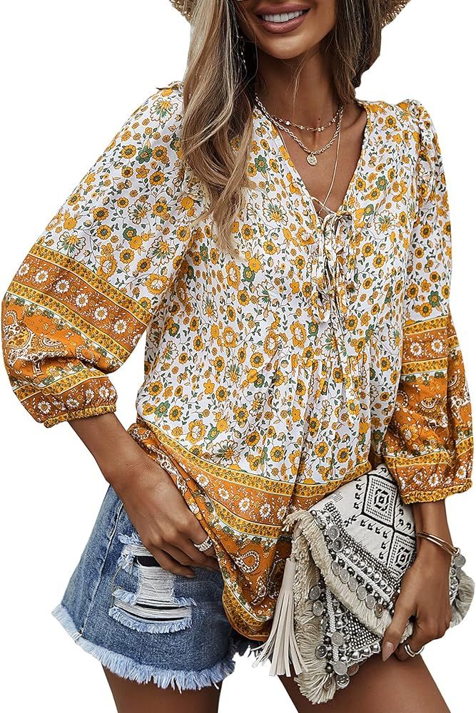 KAYWIDE Women's Casual Boho V Neck Top Loose Floral Printed Long Sleeve Beach Shirts Blouses | Amazon (US)