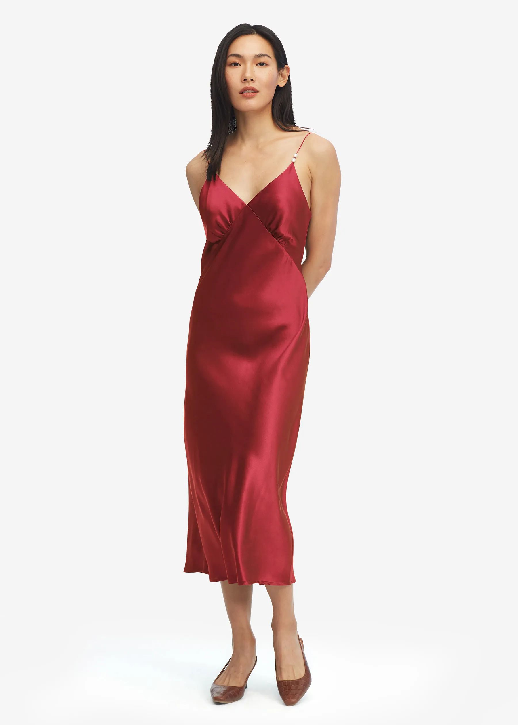 Elegant V Neck Silk Dress With Pearl | LilySilk