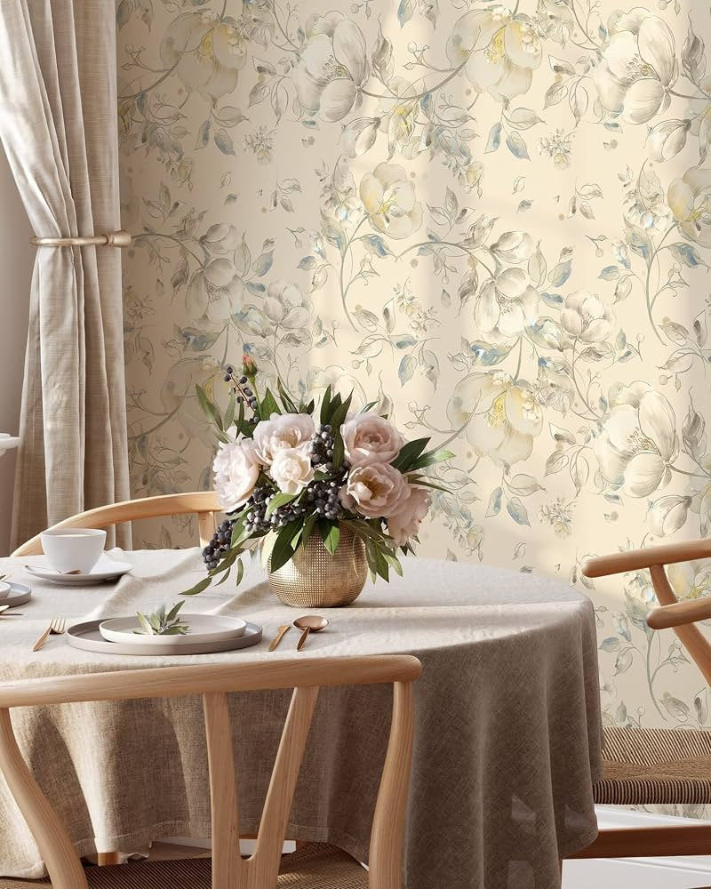Beige Floral Art Drawing Wallpaper | Removable Watercolor Floral Mural | Pastel Floral Self Adhes... | Amazon (US)