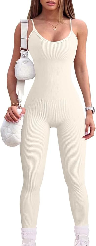 Women Workout Seamless Jumpsuit Yoga Ribbed Bodycon One Piece Spaghetti Strap Leggings Romper | Amazon (US)