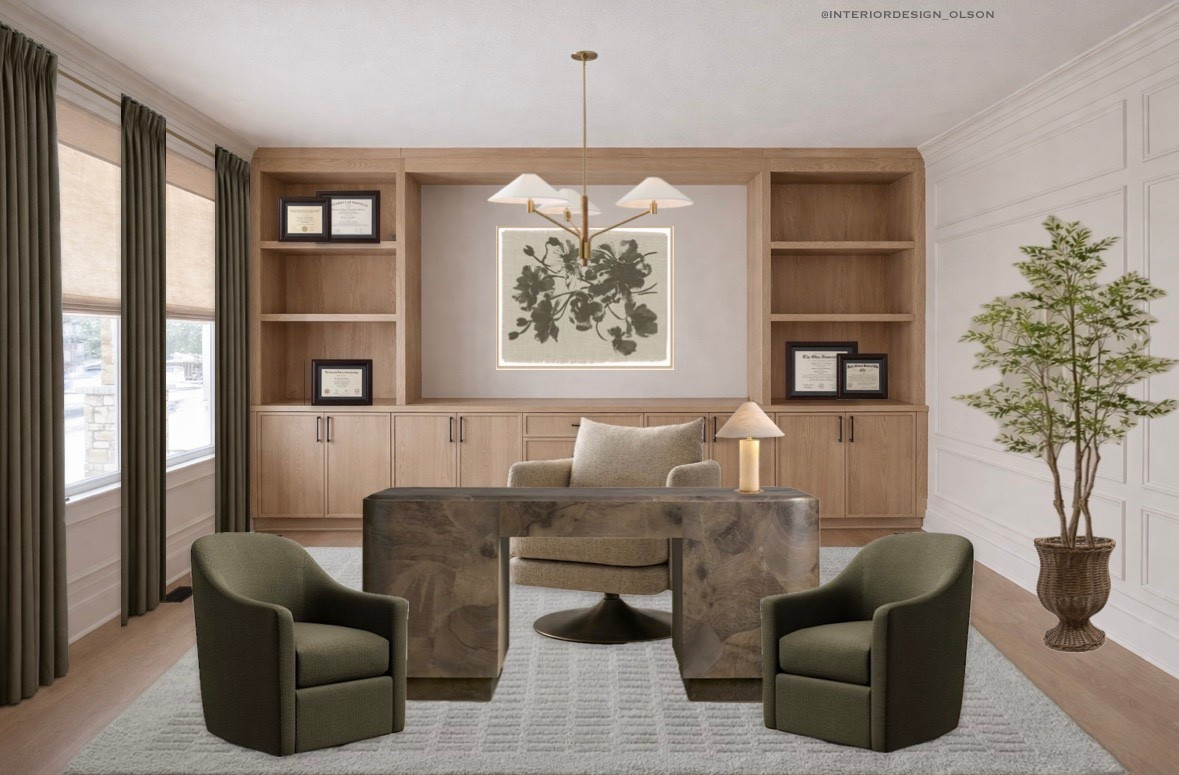 Warm Wood + Organic Green Office

An elevated, organic modern home office with rich green tones & warm wood storage 

This space is designed to feel cozy yet professional, with custom built-ins for functional storage, a stone desk for contrast, and soft, earthy textures that make the room feel calm and inspiring. The muted green chairs and natural finishes create a look that feels both grounded and sophisticated.

Perfect for anyone wanting a moody, functional home office that feels high-end and inviting.

#HomeOfficeDesign #OrganicModern #MoodyGreen #OfficeDecor #InteriorDesignInspo #HouseOfOlson
