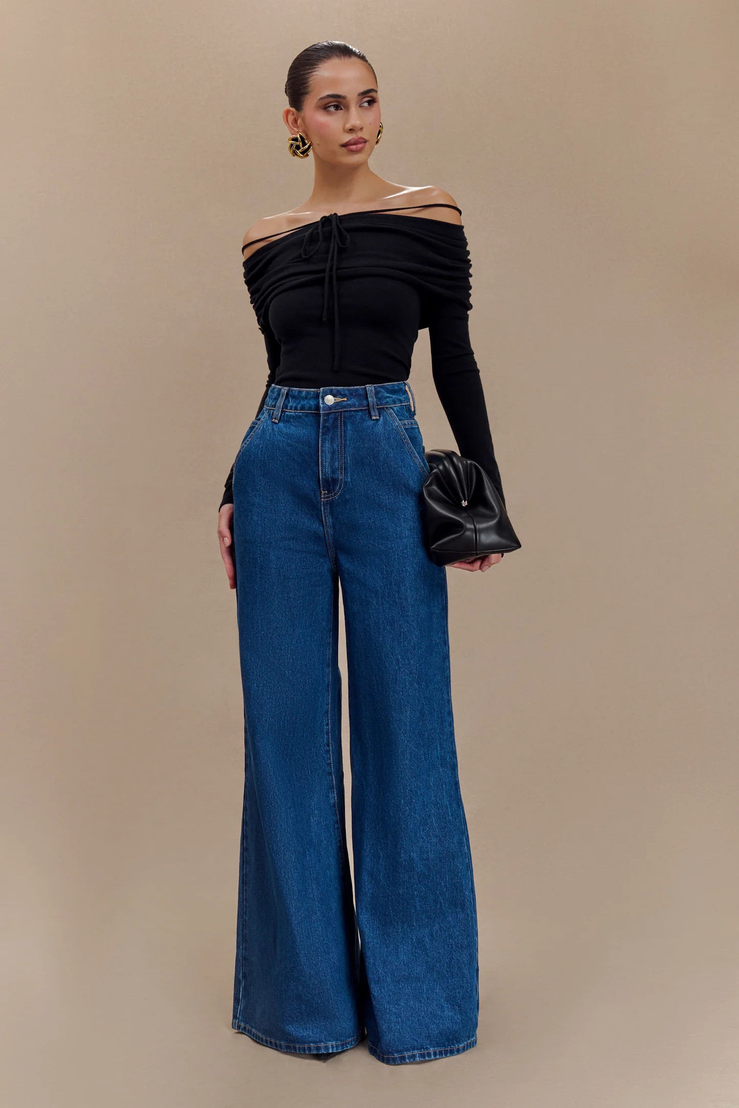Jen Wide Leg Flare Denim Jeans - Dark Blue | MESHKI US