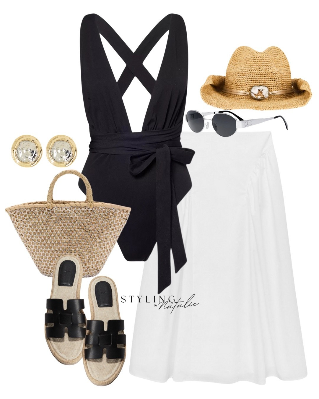 Black multi-way swimsuit, white midi skirt with pleats, straw cowboy hat, two tone earrings, chain effect beach tote bag, espadrille sandals, celine metal sunglasses. Swimwear, beach wear, one-piece, vacation outfit, beach outfit, beach club, Ibiza, sun hat.

#LTKsummer #LTKswimwear #LTKeurope