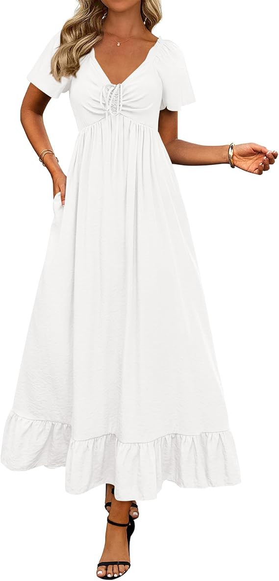 BTFBM Womens Spring Dresses 2026 Casual Short Sleeve V Neck Drawstring Wedding Guest Maxi Dresses... | Amazon (US)