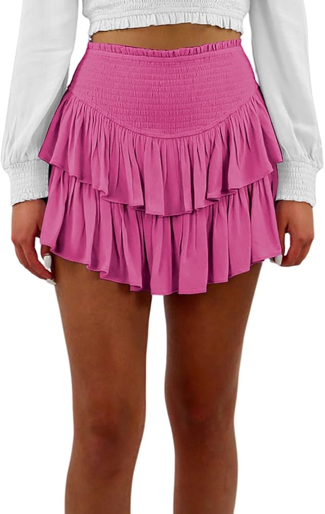 SEAUR Womens Casual High Waist Ruffle Layered Mini Skirt Cute Smocked Flared Summer Short Skirt | Amazon (US)