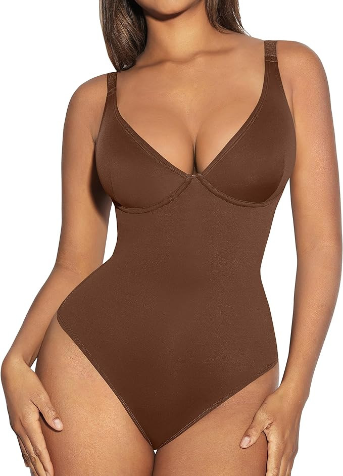 FeelinGirl Shapewear Bodysuits for Women Tummy Control Body Suits Deep V Neck Thong Body Shaper | Amazon (US)