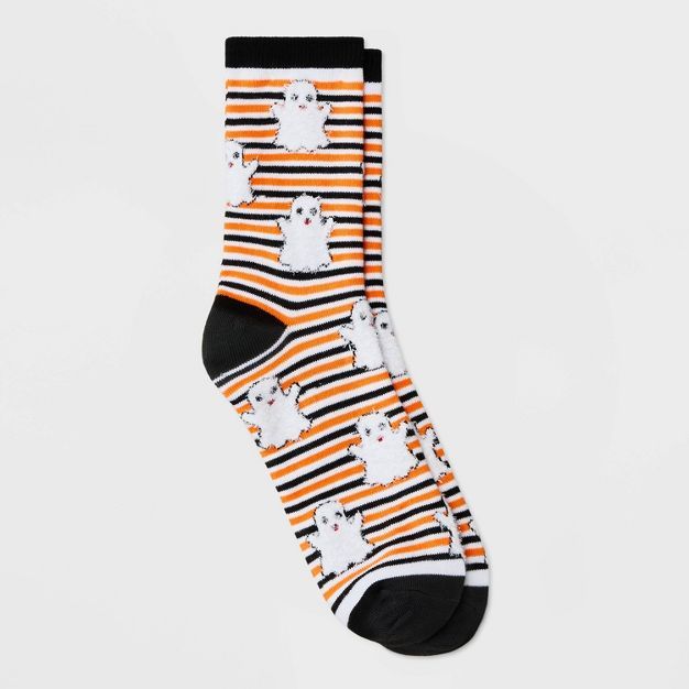 Women's Fuzzy Ghost Striped Halloween Crew Socks - Hyde & EEK! Boutique™ Orange/Black 4-10 | Target