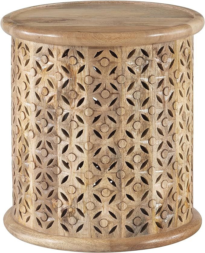 Sympico Natural Stained Mnago Wood Side Table Sympic Round Carved Details | Amazon (US)