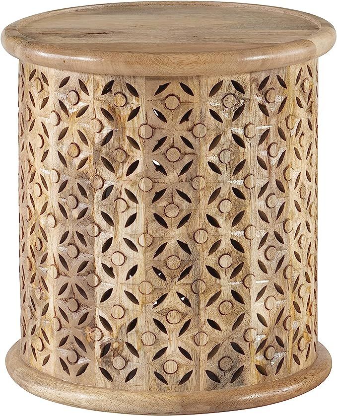 Powell Sympico Natural Stained Mnago Wood Sympic Round Side Table with Carved Details | Amazon (US)