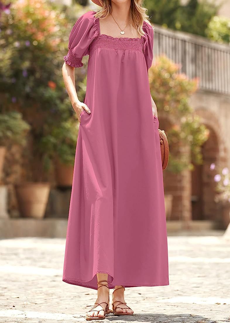 KIRUNDO 2023 Women's Summer Puff Sleeve Square Neck Loose Maxi Dress Pocketed Babydoll Maternity Dre | Amazon (US)