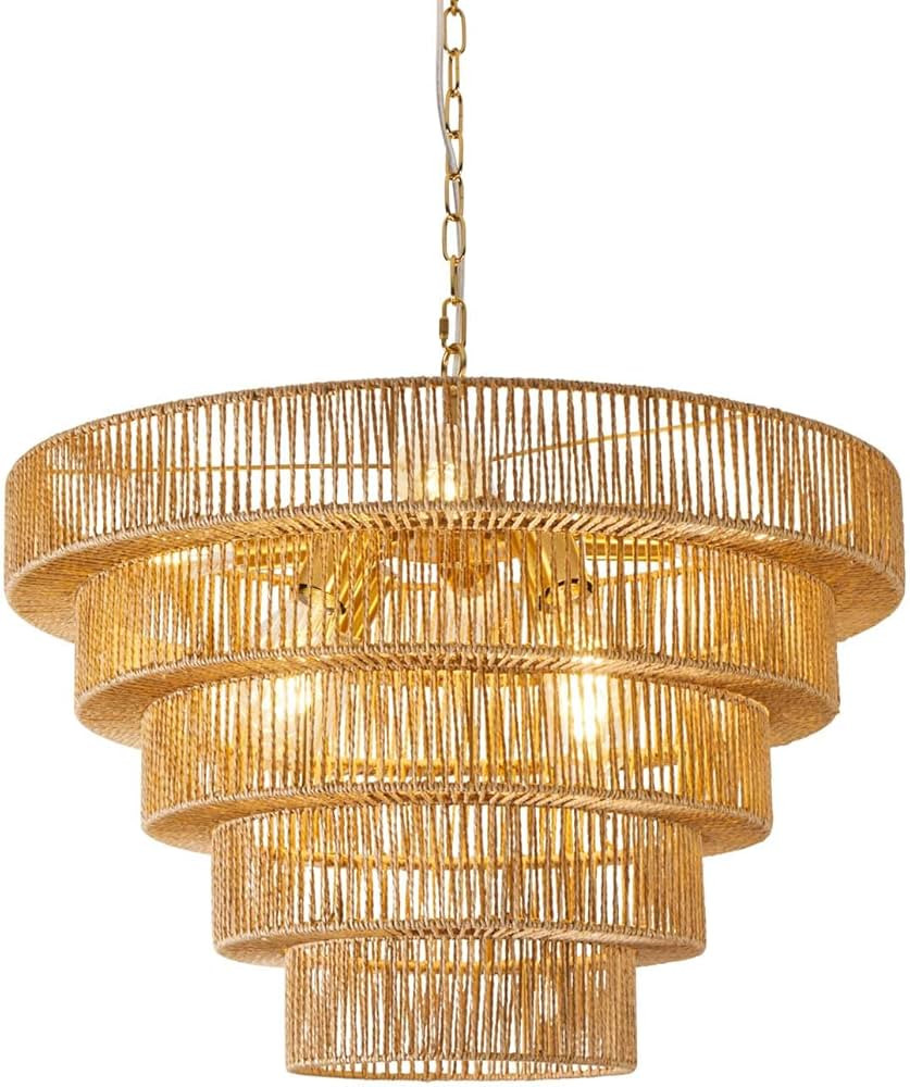 25.6" Rattan Pendant Light 8-Light Bohemian Chandelier Light Fixtures with 5-Tier Rattan Lampshad... | Amazon (US)