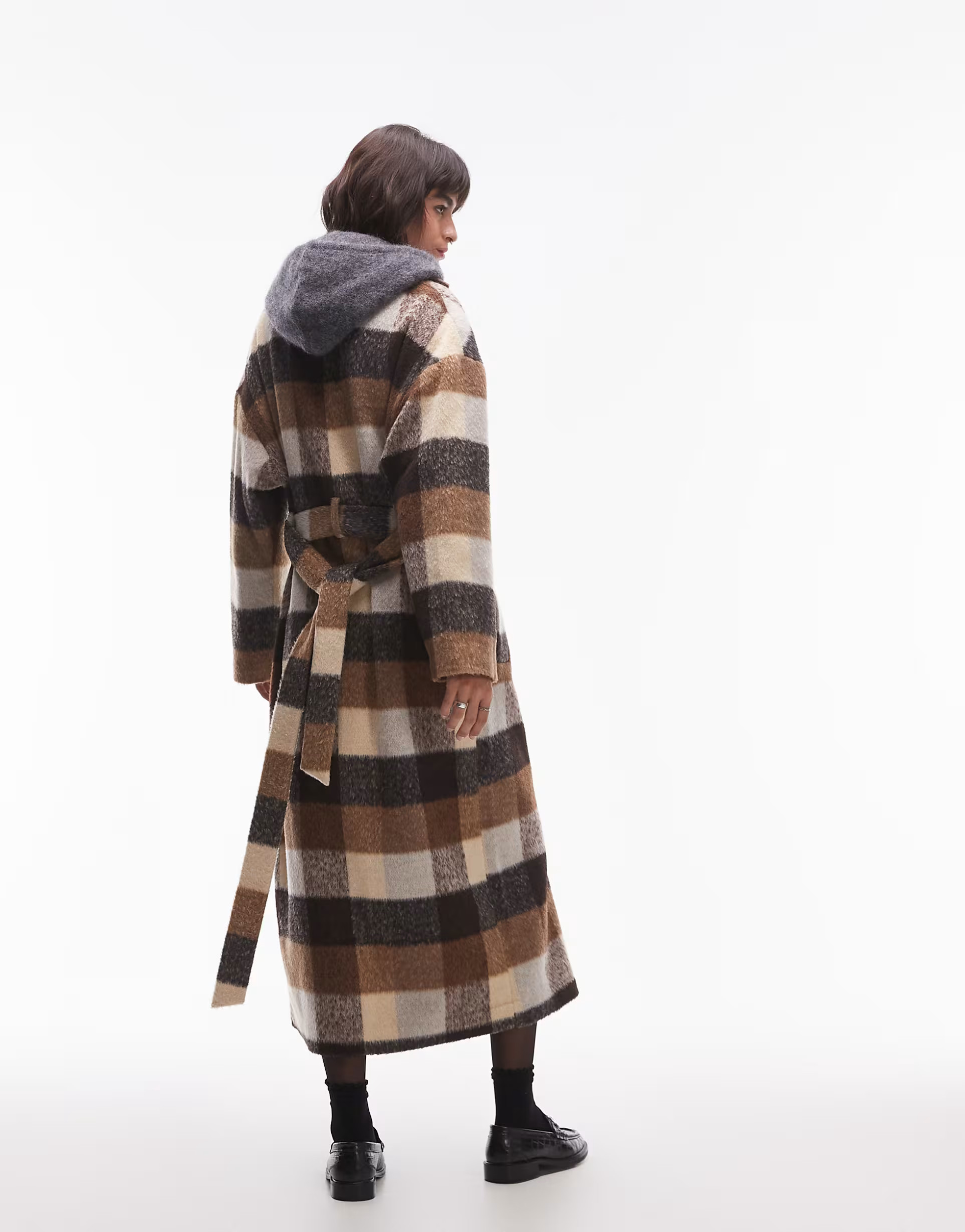 Topshop longline belted wool look coat in brown check | ASOS (Global)