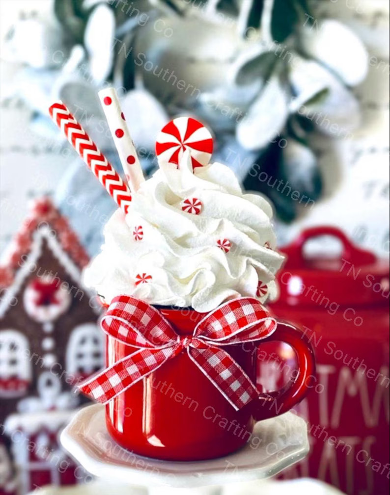 Handmade Faux Whipped Cream Peppermint Topper in Espresso Mug - Etsy | Etsy (US)