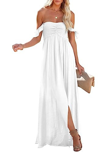 Happy Sailed Boho Dress for Women 2025 Summer Off Shoulder Smocked Maxi Dresses Flowy A Line Side Slit Sundress White Medium | Amazon (US)