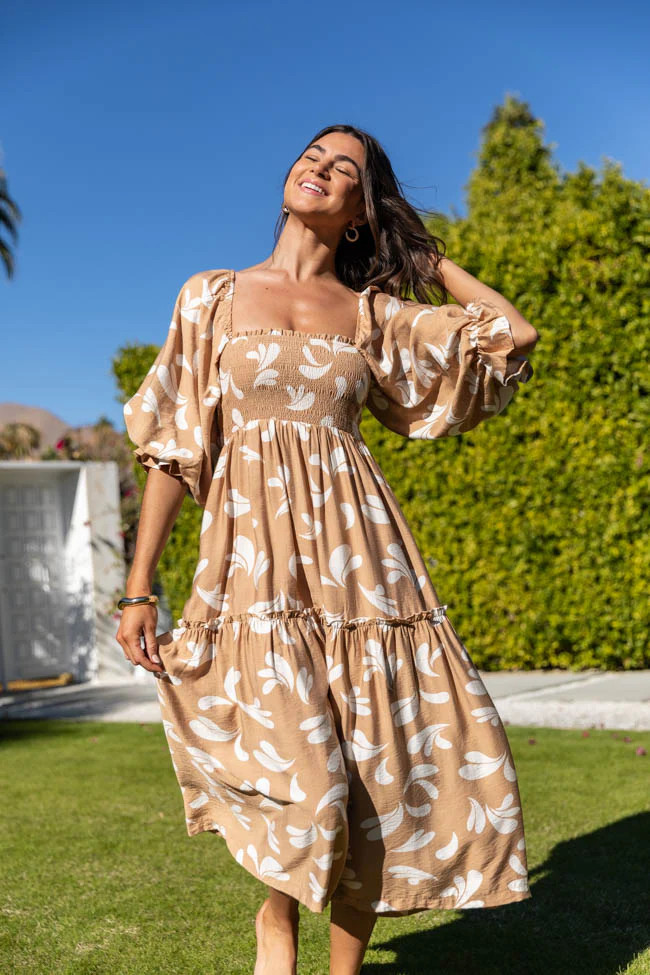 Swing Of Things Neutral Printed Smocked Midi Dress | Pink Lily