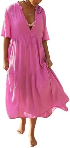 R.Vivimos Womens Summer Cotton Flowy Maxi Dress Short Sleeve V Neck Empire Waist Boho Tiered Ruff... | Amazon (US)