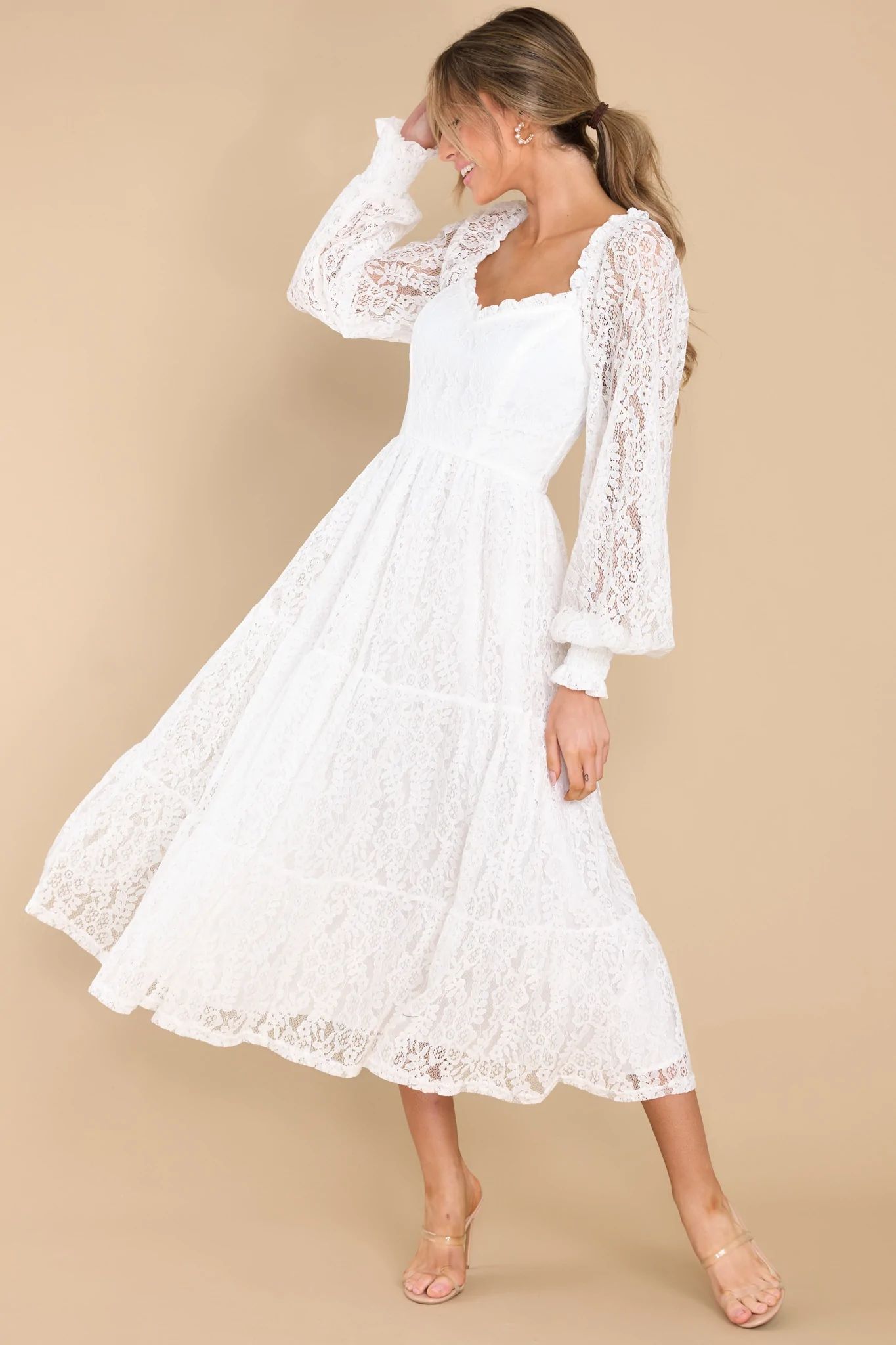 Flirty Mood White Lace Midi Dress | Red Dress 