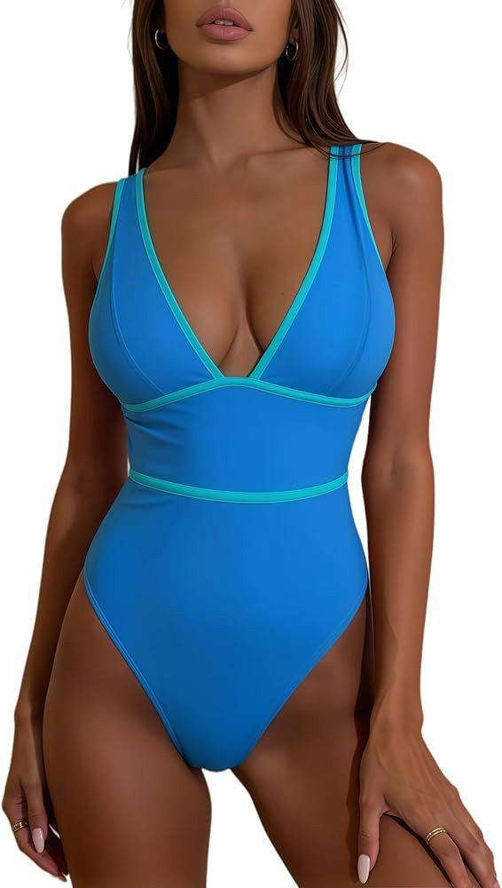 geluboao Women's One Piece Swimsuits Color Block Deep V Neck Tummy Control Bathing Suits Sexy Pus... | Amazon (US)