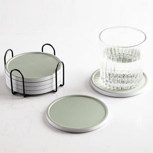 Hoomey Set of 6 Sage Green Coasters with Holder, Absorbent Ceramic Drink Coasters with Cork Backing for Table Protection, Table Decor, Housewarming Gifts | Amazon (US)