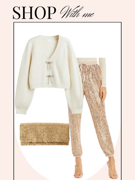 Gold sequin joggers. Rhinestone bow H&M sweater. Beaded clutch  

#LTKHoliday #LTKGiftGuide #LTKsalealert