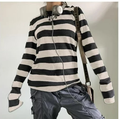 aturustex Women Knit Basic Shirt Autumn Grey Black Striped Long Sleeve Tops | Walmart (US)