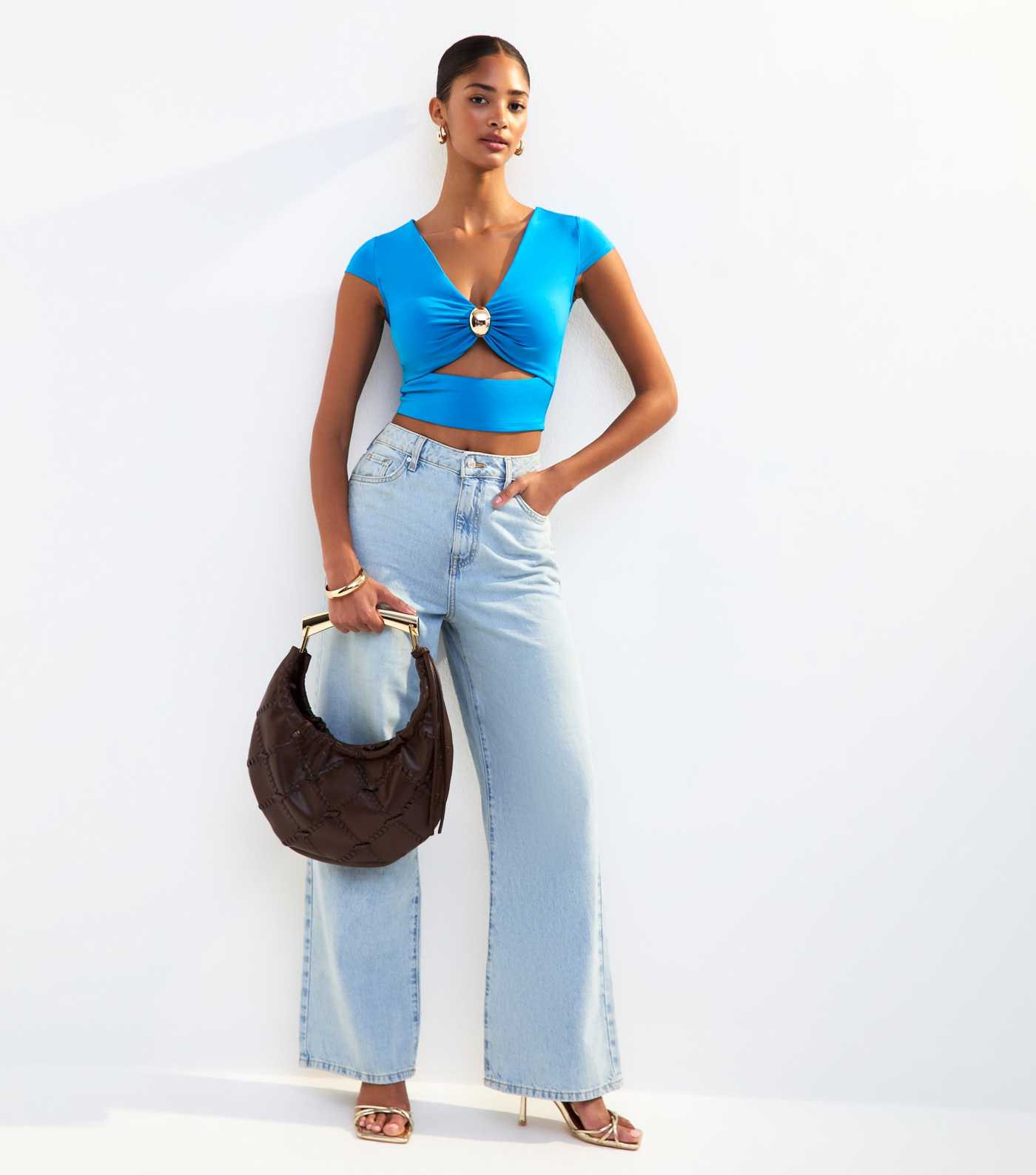 Blue Gold Ring Detail V Neck Crop Top  | New Look | New Look (UK)