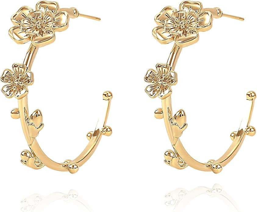 Gold Flower Hoop Earrings for Women 14K Gold Plated Flower Round Hoop Earrings Dangle Floral Stat... | Amazon (US)