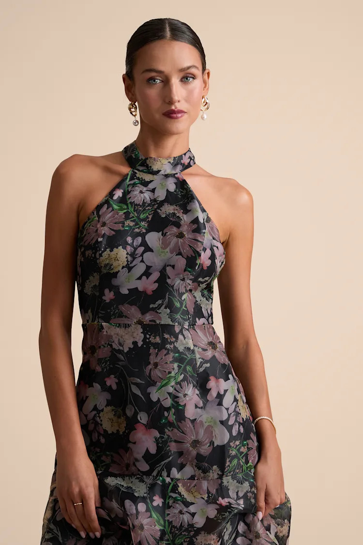 Forever Exceptional Black Floral Halter Organza Maxi Dress | Lulus