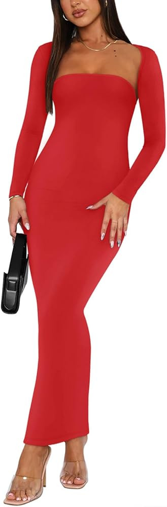 REORIA Womens Sexy 2 Piece Outfits Long Sleeve Bolero Shrug Going Out Strapless Fashion Maxi Dres... | Amazon (US)