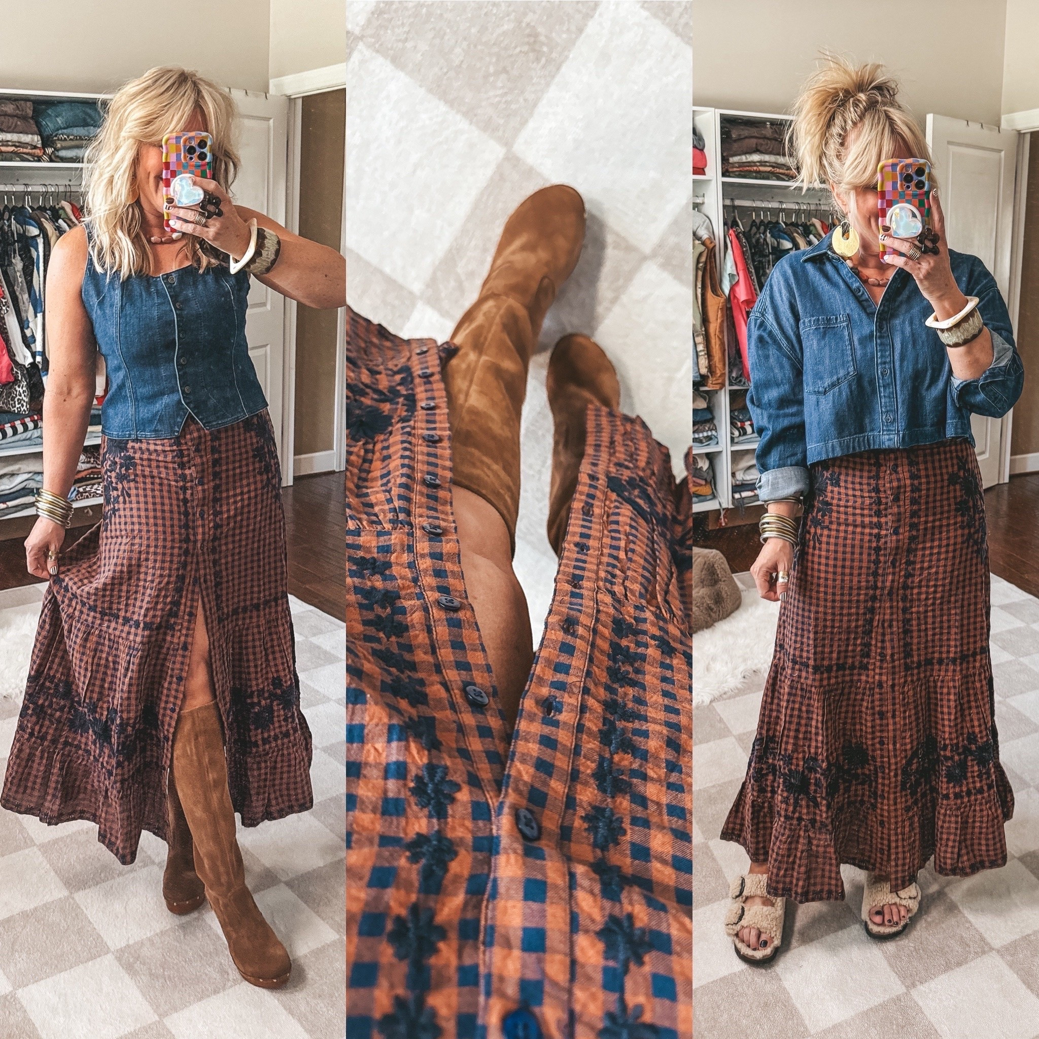 This gingham skirt is so gorgeous and if you’re bigger in the waist I’d say size up. Not much give in waist at all and this skirt buttons all the way up. I’m in a medium in everything but a large would be more comfy in skirt. 
👉🏼Cropped denim button up is Aerie from last year (linked similar) 
@Natural Life

#LTKOver40